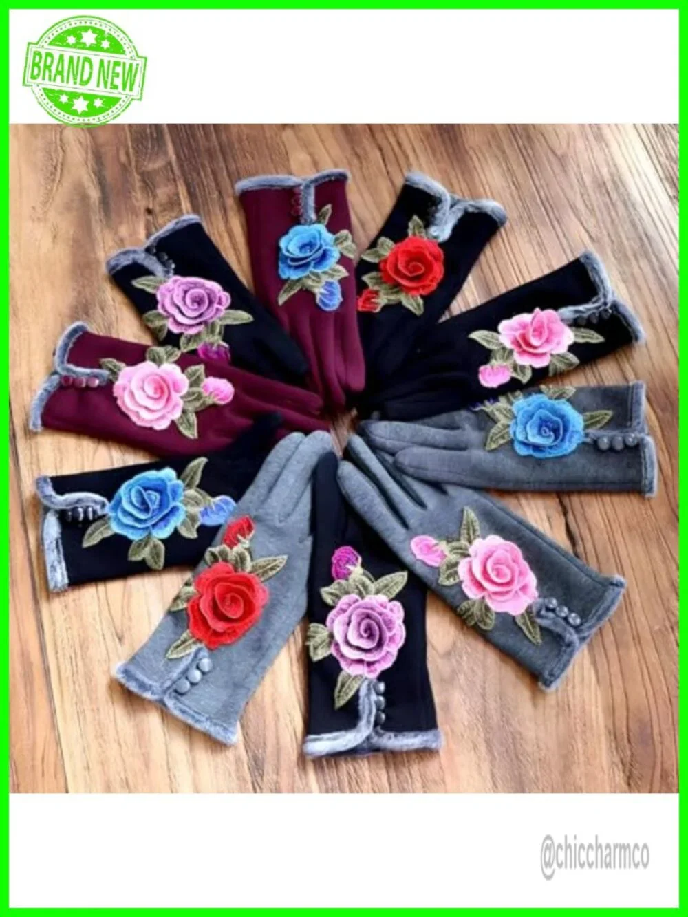Winter Warm Mittens Fleece Lining Touchscreen Fingertips Embroidered Flowers
